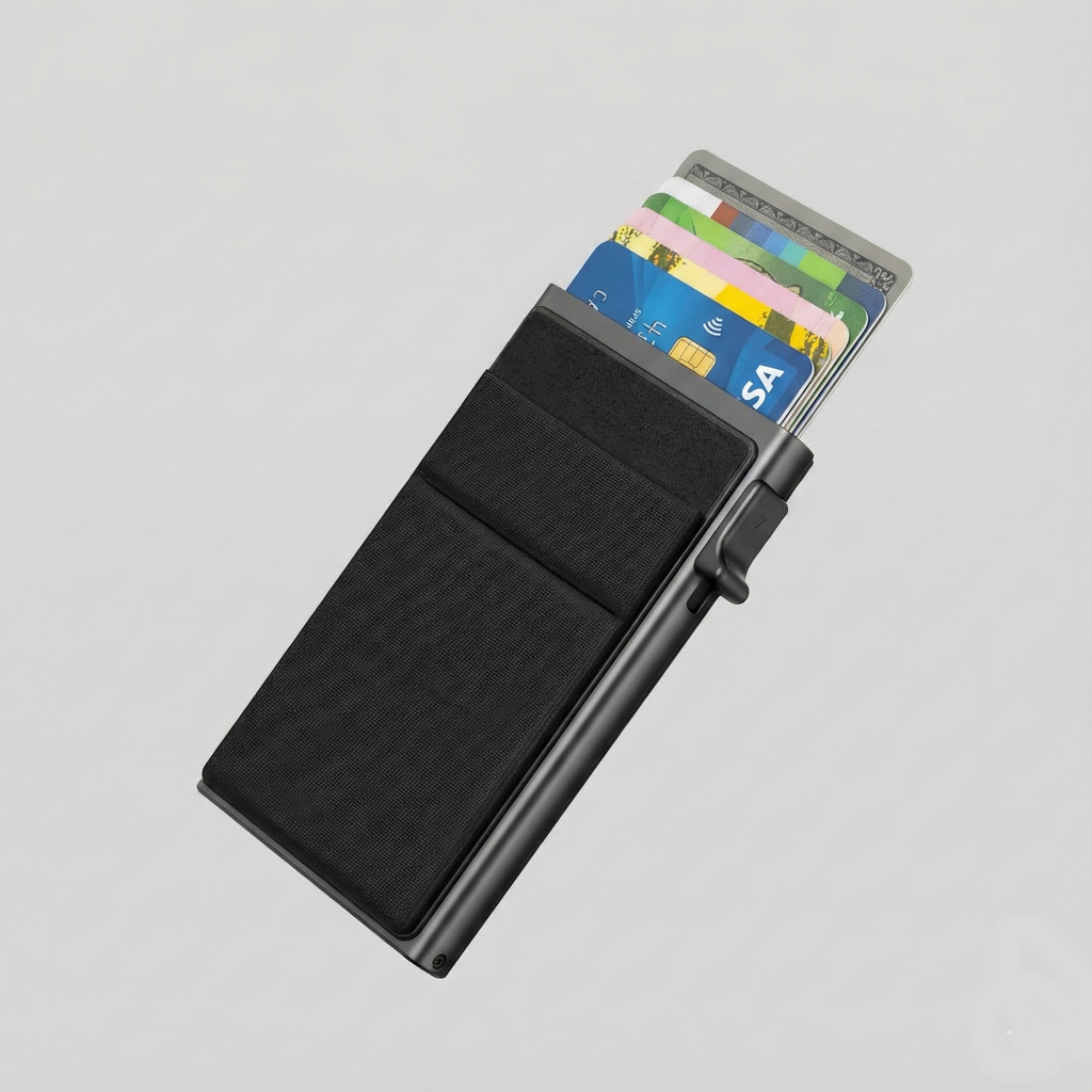 Porte Cartes Slim Aluminium Homme — cartes en éventail, levier latéral