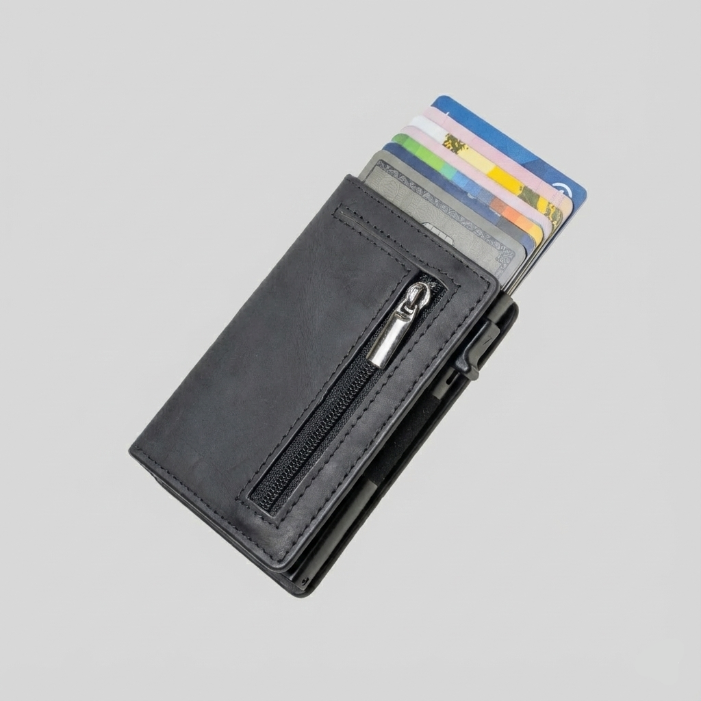 Porte Cartes Cuir Homme RFID — cartes en éventail, levier latéral