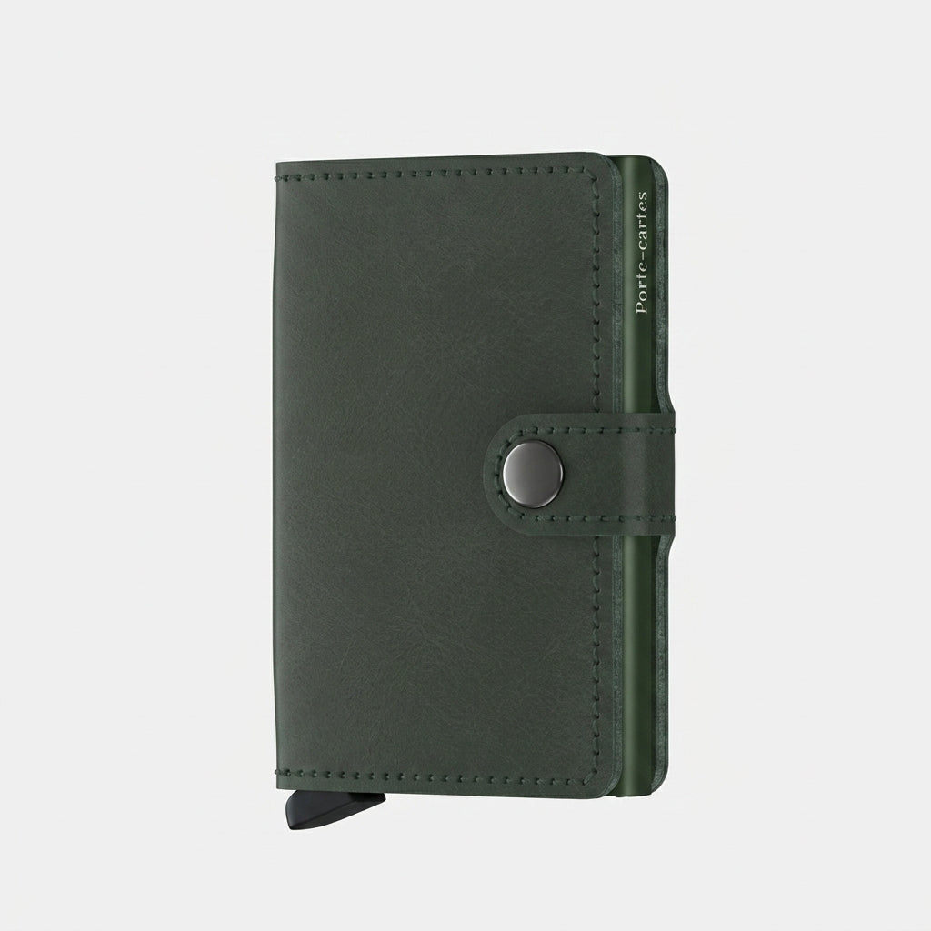 Porte Cartes Cuir Vert Homme — cartes en éventail, levier latéral