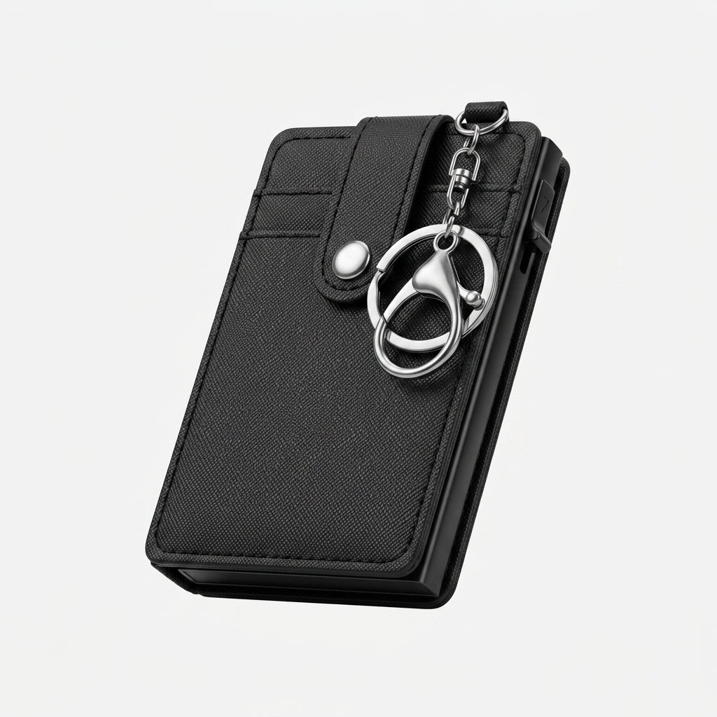 Porte Cartes Porte Clé Homme — cuir Saffiano grainé noir, vue principale