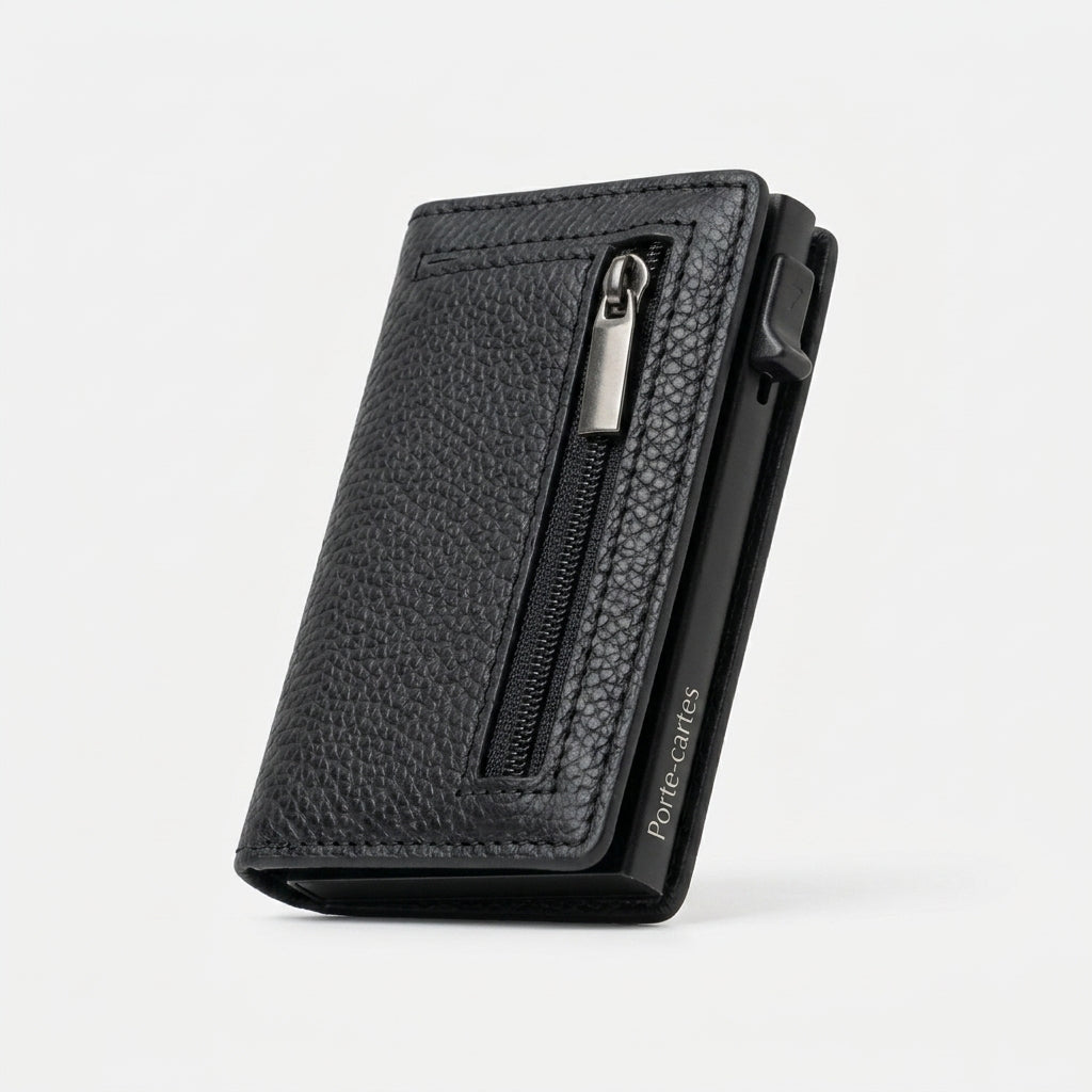 Porte Cartes Cuir Homme Zippé — cartes en éventail, levier latéral
