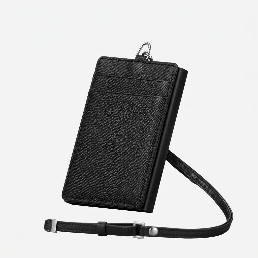 Porte Cartes Bandoulière Homme — cuir Saffiano texturé noir, vue principale