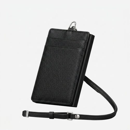 Porte Cartes Bandoulière Homme — cuir Saffiano texturé noir, vue principale