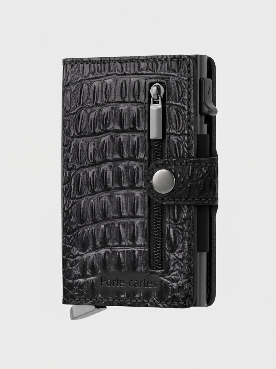 Porte Cartes Cuir Croco Homme — cartes en éventail, levier latéral