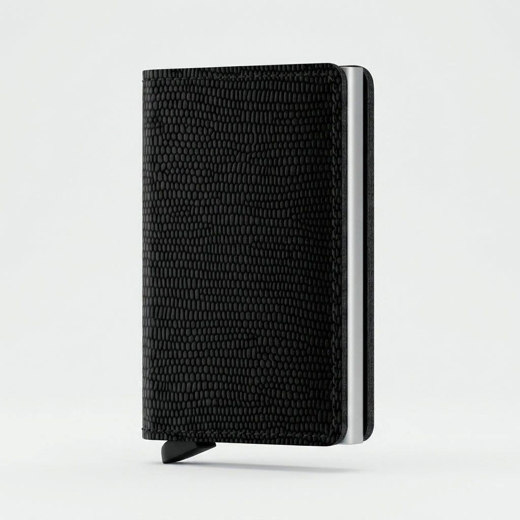 Porte Cartes Cuir Noir Homme Luxe — cuir grainé façon lézard noir, vue principale