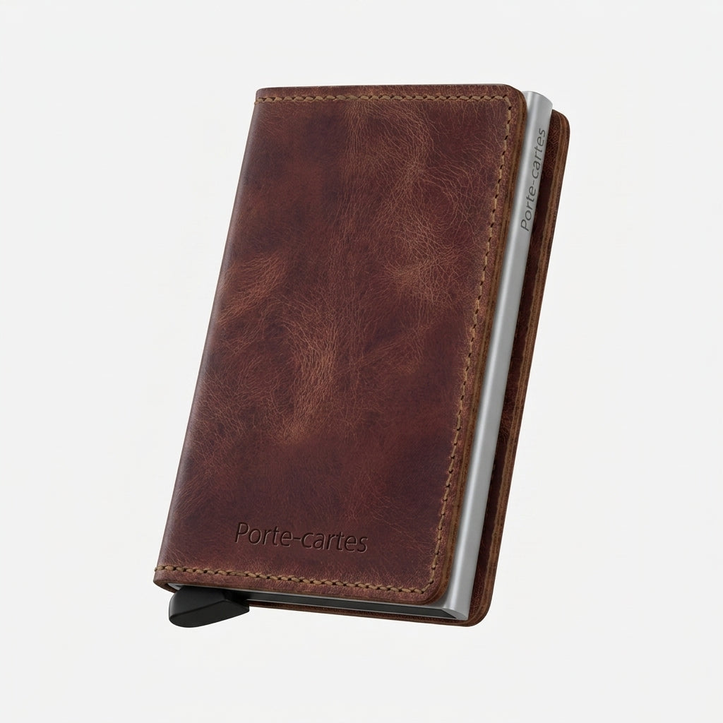 Porte Cartes Cuir Homme Marron — cartes en éventail, levier latéral