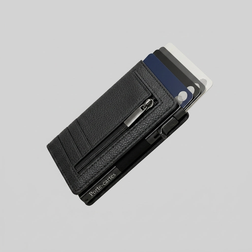 Porte Cartes Cuir Homme Zippé — cuir grainé noir, vue principale