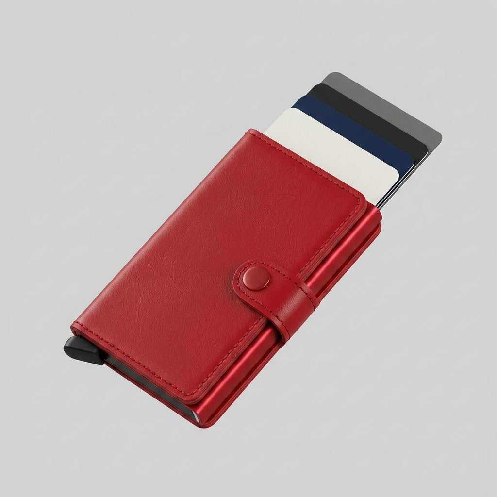 Porte Cartes Cuir Rouge Homme — cartes en éventail, levier latéral