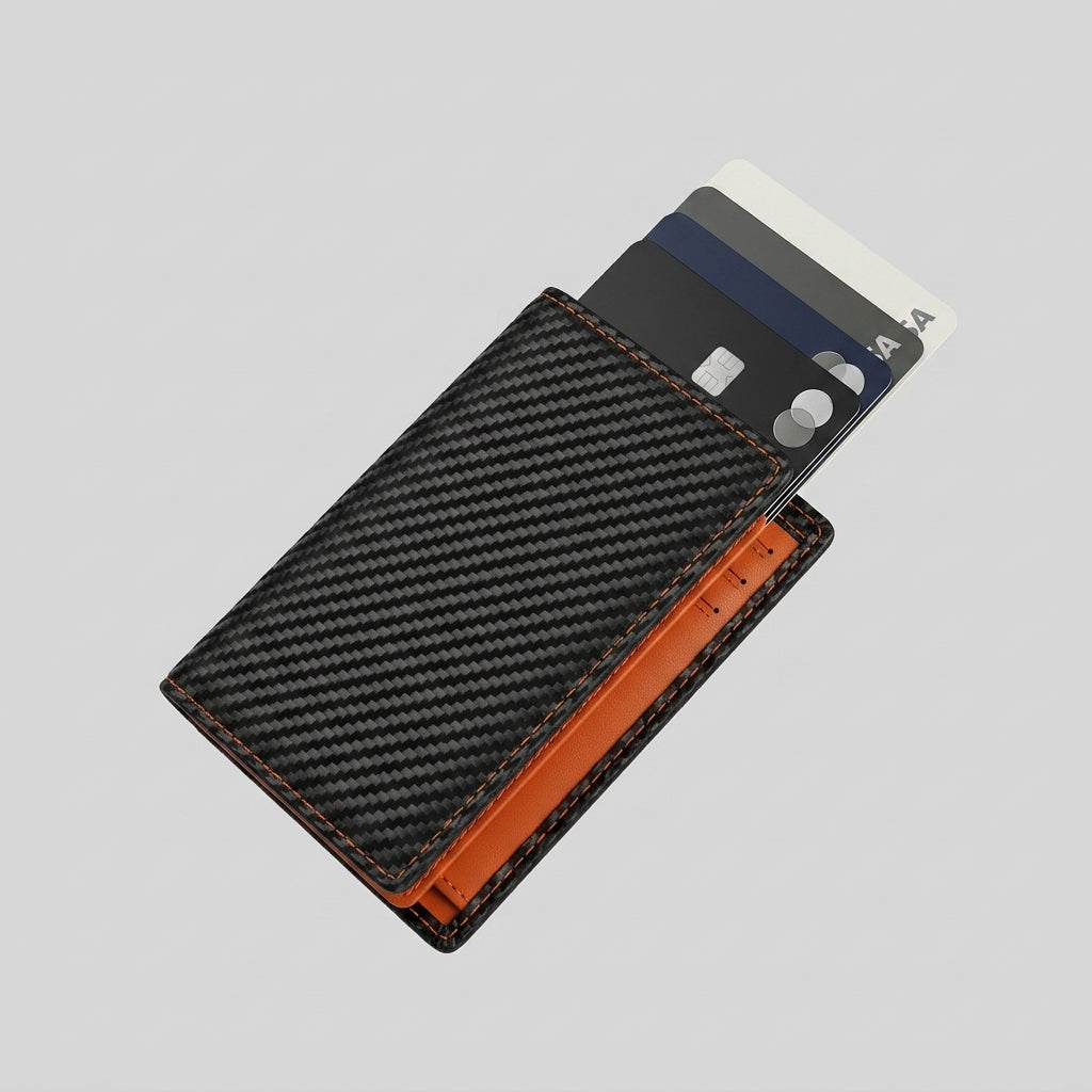 Porte Cartes Homme Sécurisé — fibre de carbone tressée noir carbone / cuir orange, vue principale