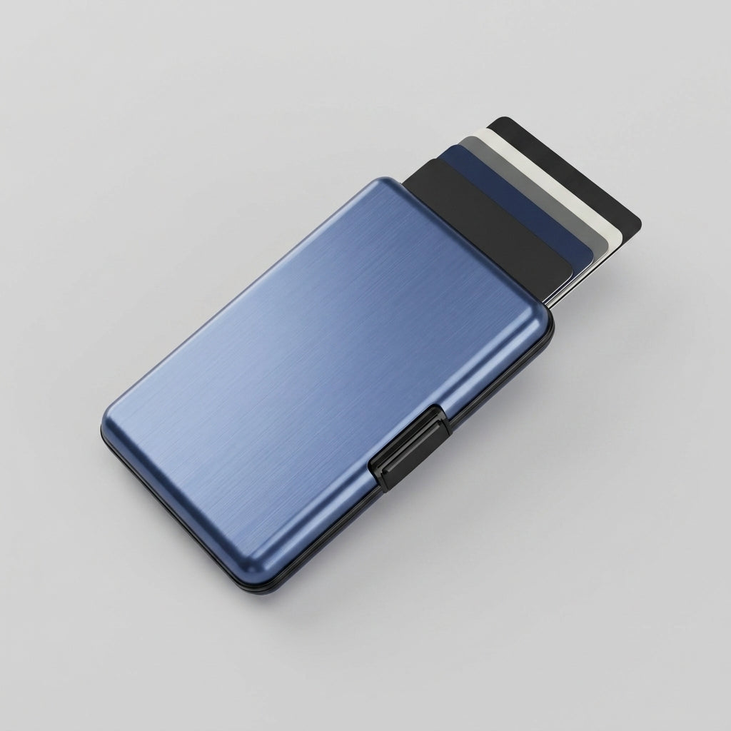 Porte Cartes Métal Bleu Homme — cartes en éventail, clip latéral