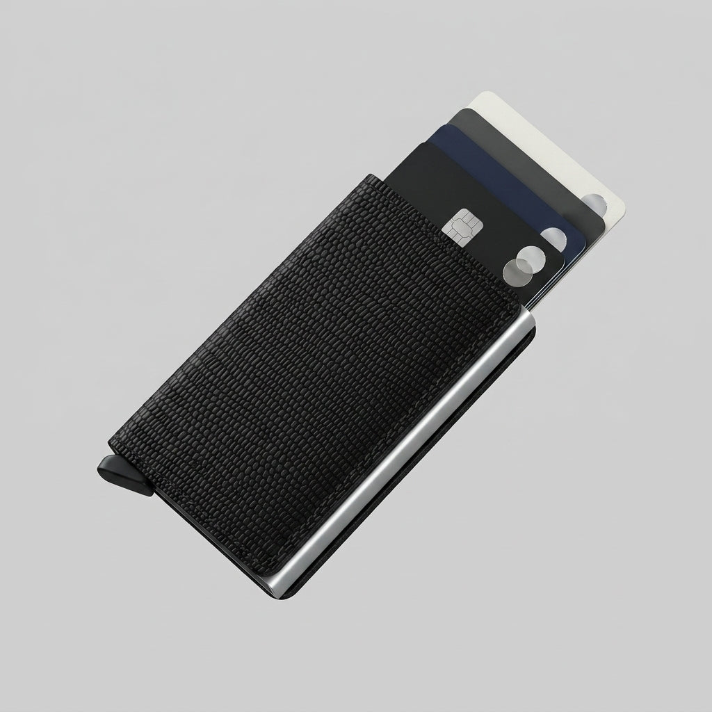 Porte Cartes Cuir Noir Homme Luxe — cartes en éventail, levier latéral