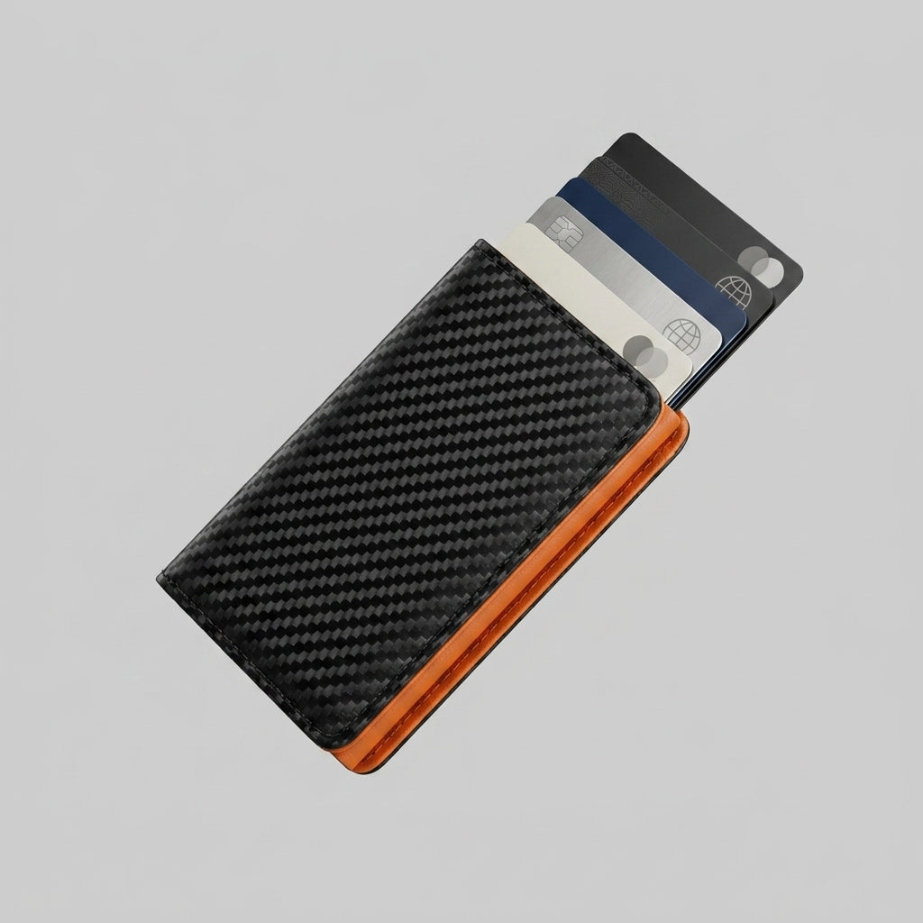 Porte Cartes Carbone Forgé Homme — fibre de carbone véritable tressée noir carbone / cuir orange, vue principale