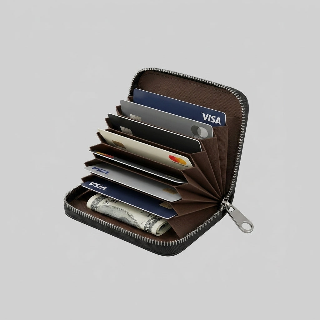 Porte Cartes Étui Homme — cartes en éventail, fermeture à zip