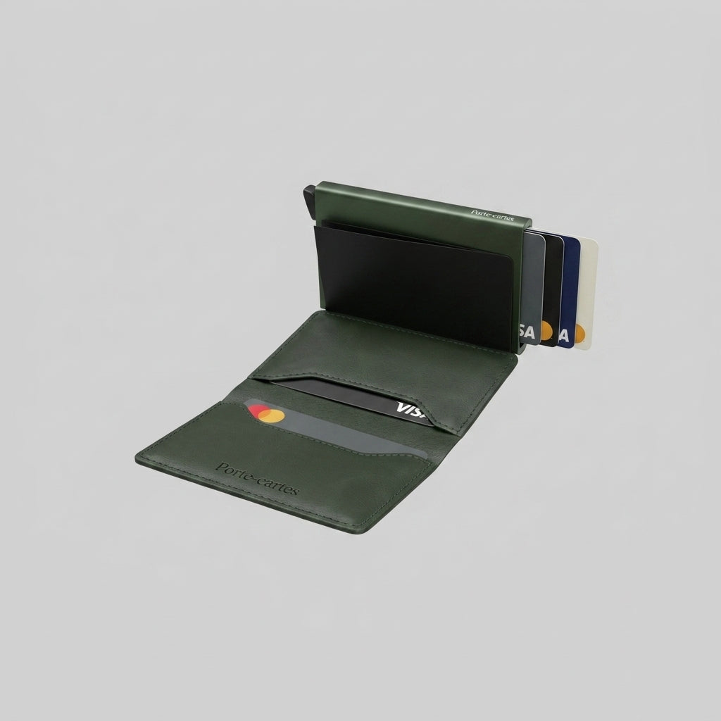 Porte Cartes Cuir Vert Homme — boîte cadeau signature Porte-cartes
