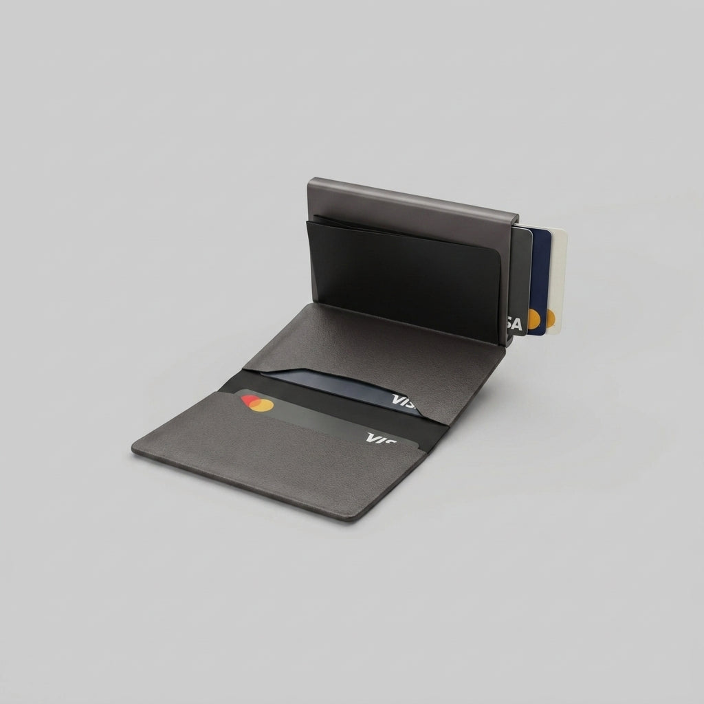 Petit Porte Cartes Homme — gros plan sur la matière aluminium anodisé mat