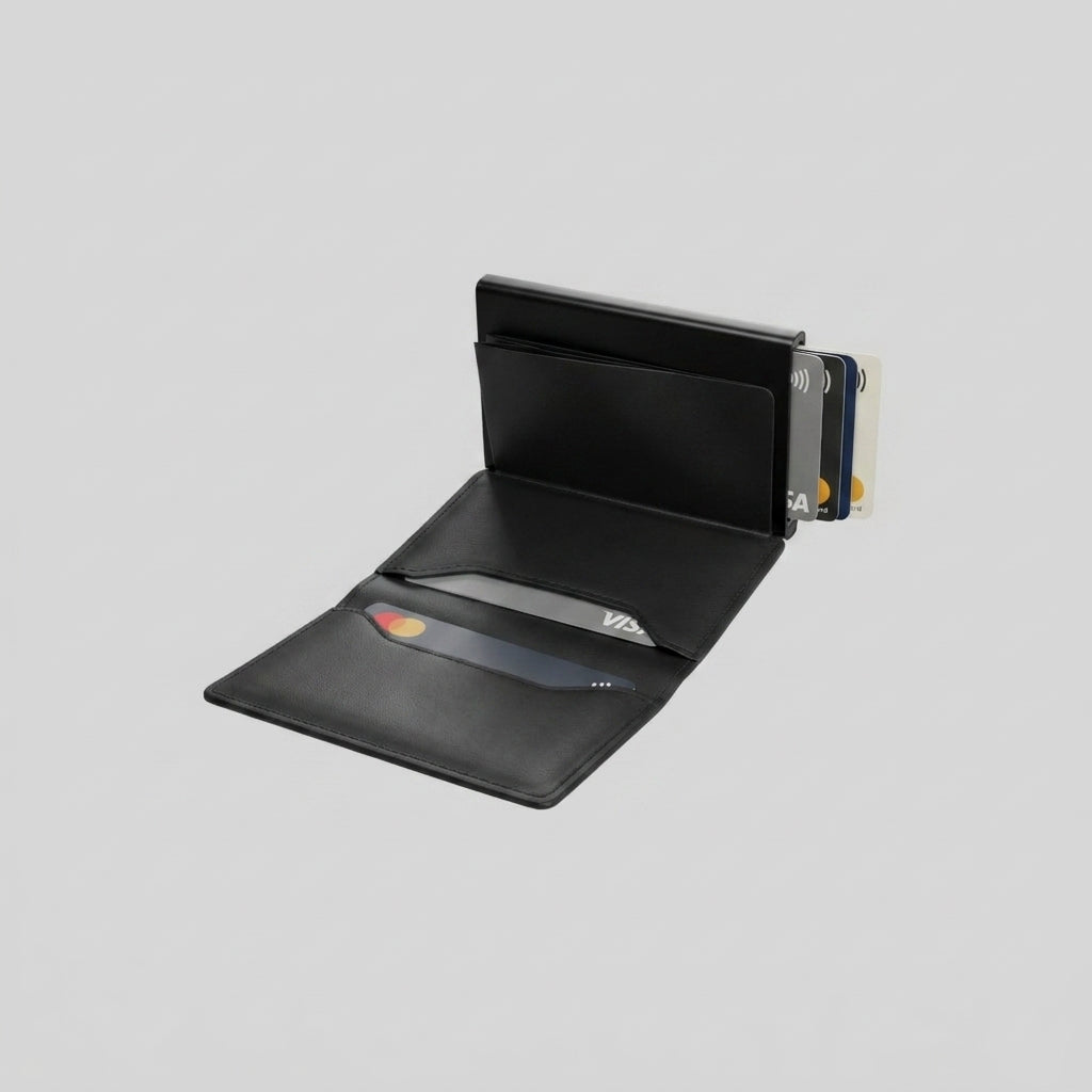 Porte Cartes Coulissant Homme — gros plan sur la matière aluminium anodisé noir mat