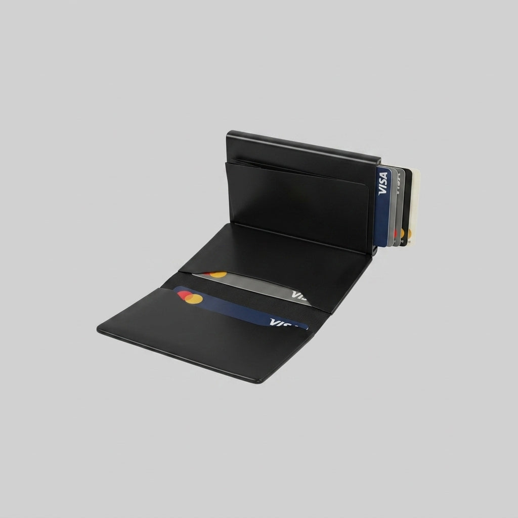 Porte Cartes Aluminium RFID Homme — gros plan sur la matière aluminium aéronautique anodisé noir mat