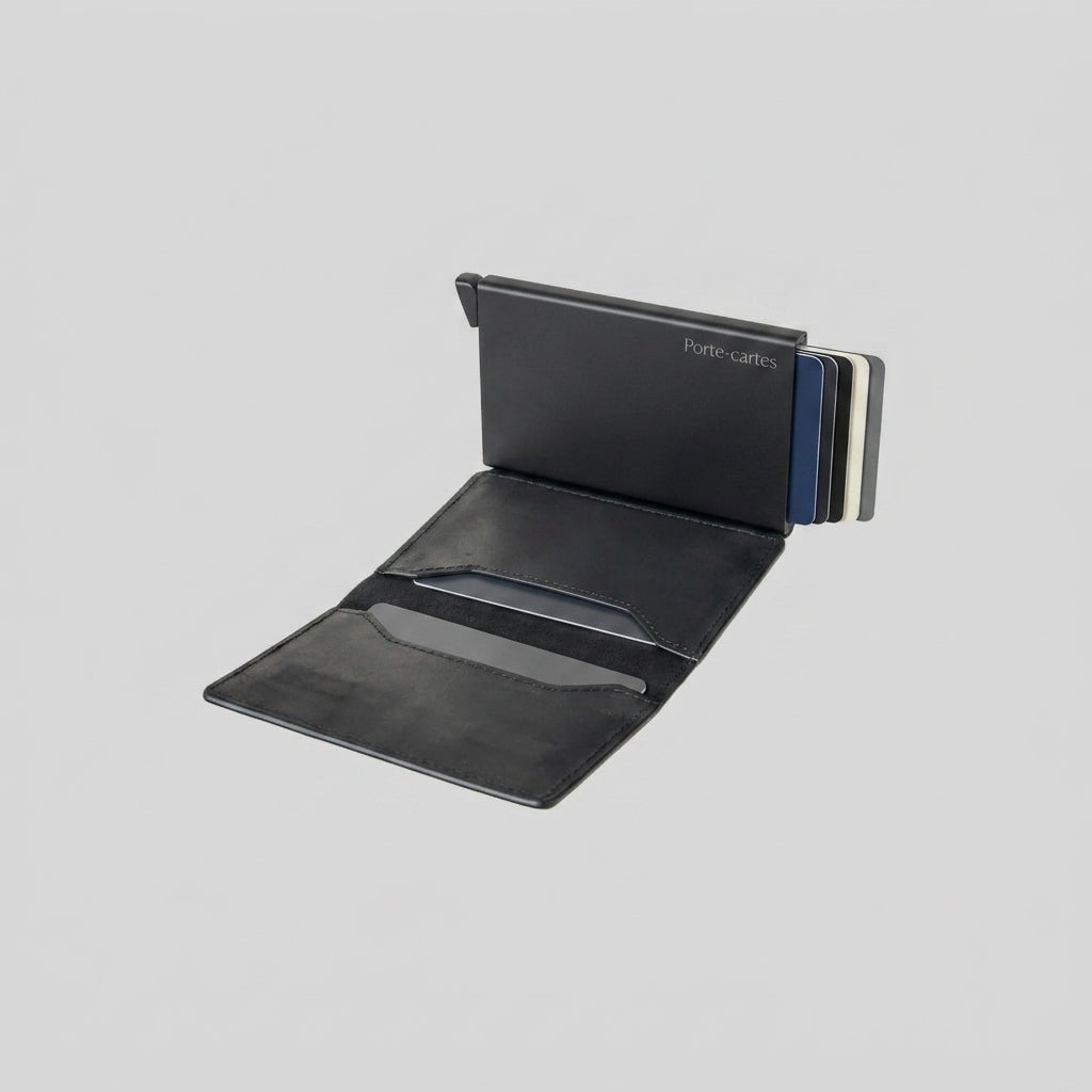 Porte Cartes Automatique Homme — gros plan sur la matière aluminium anodisé mat