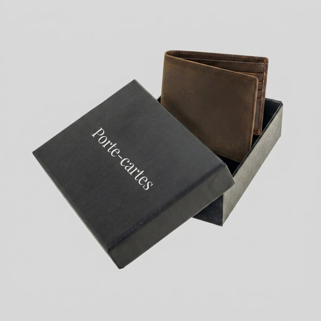 Porte Cartes Pliable Homme — gros plan sur la matière cuir pleine fleur pull-up effet vintage