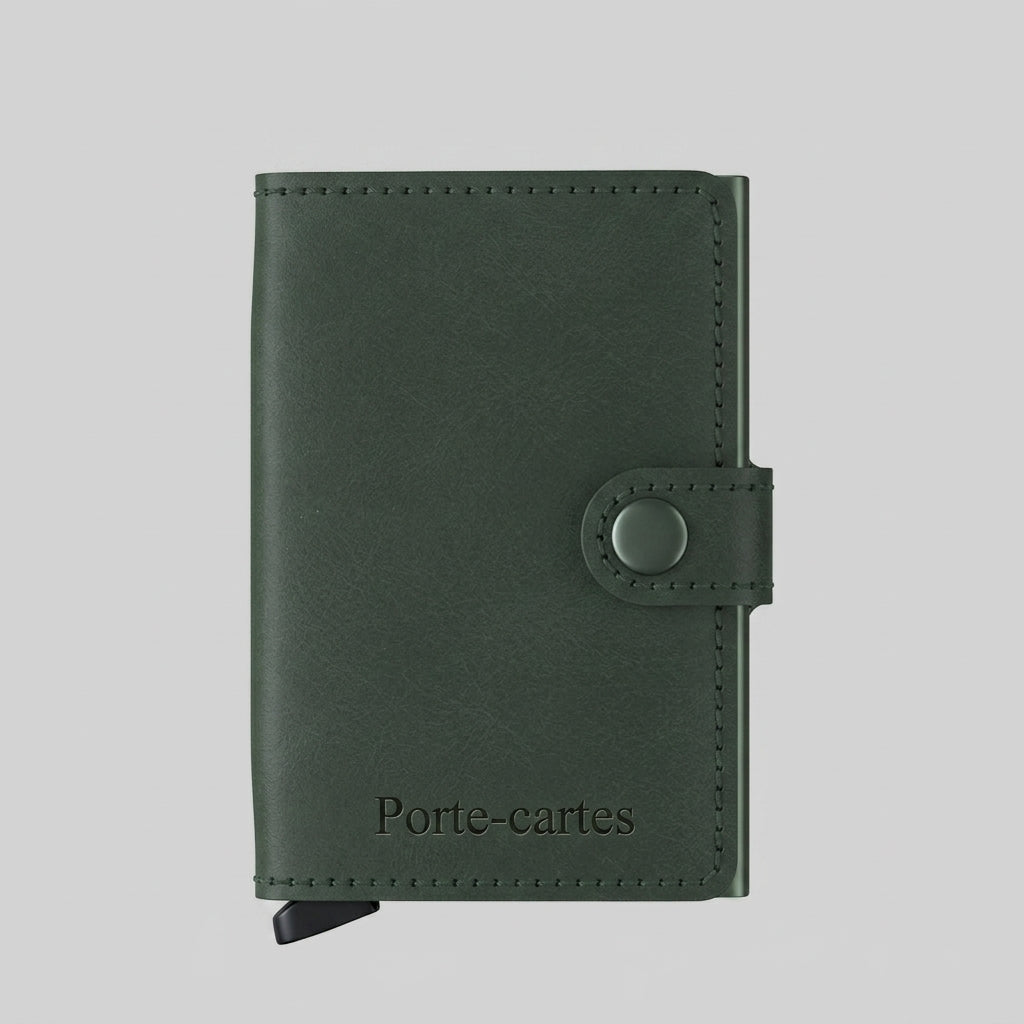Porte Cartes Cuir Vert Homme — gros plan sur la matière cuir lisse