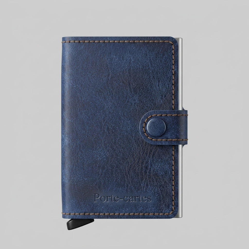 Porte Cartes Cuir Bleu Homme — gros plan sur la matière cuir pleine fleur avec veinures