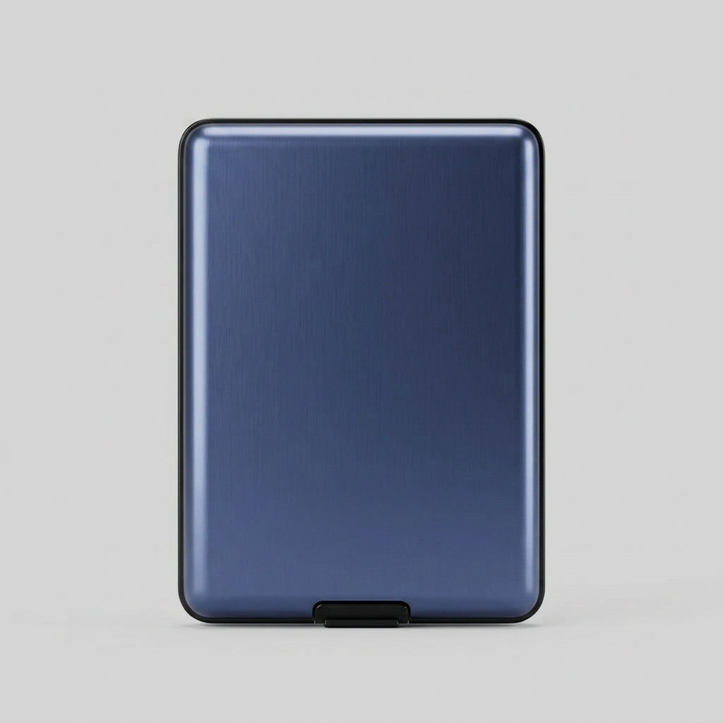 Porte Cartes Métal Bleu Homme — vue de dos et profil fin