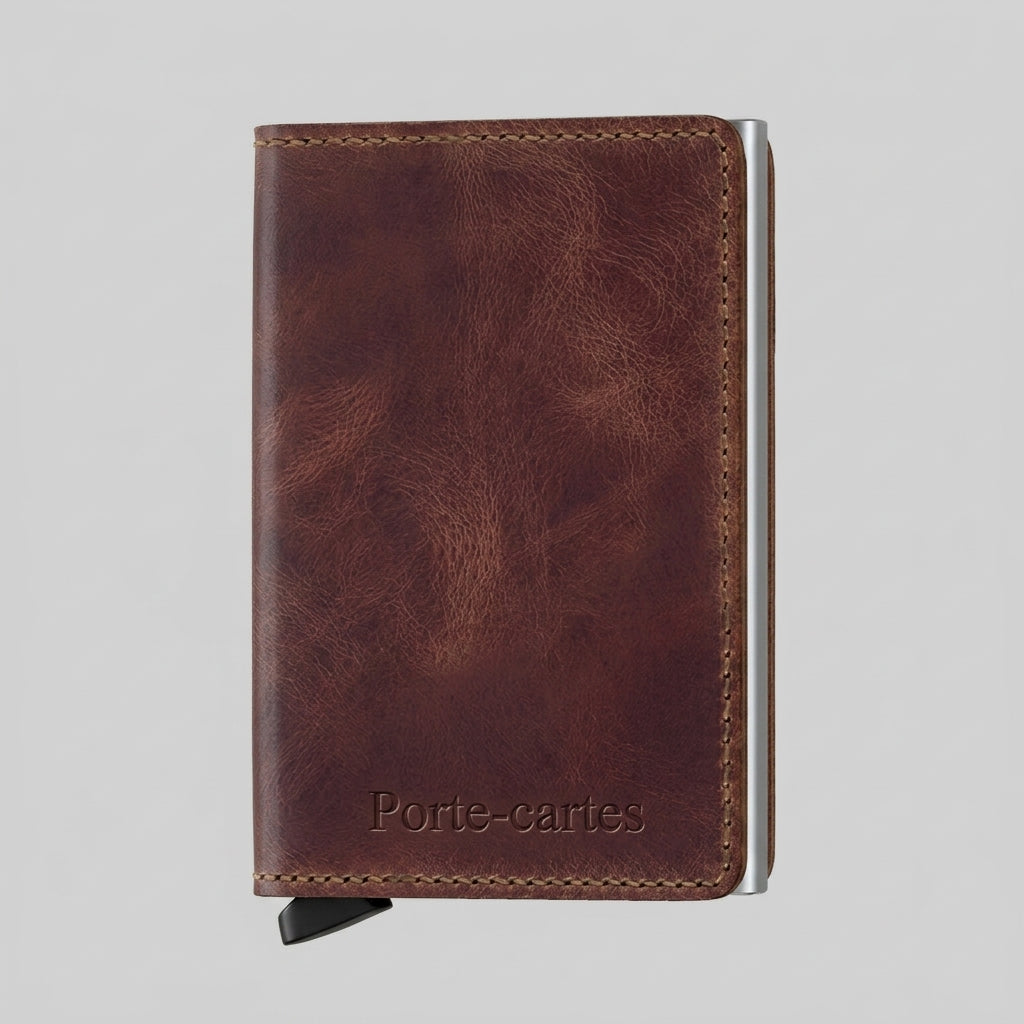Porte Cartes Cuir Homme Marron — gros plan sur la matière cuir pull-up pleine fleur