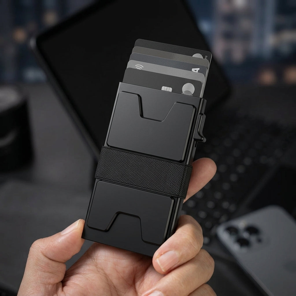Porte Cartes Aluminium RFID Homme — ouverture complète, capacité 6 à 8 cartes