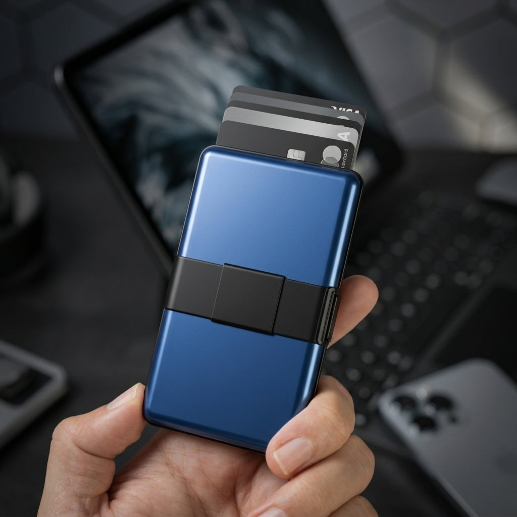 Porte Cartes Métal Bleu Homme — ouverture complète, capacité 6 à 10 cartes