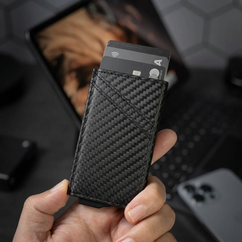 Porte Cartes Rigide Cuir Homme — gros plan sur la matière simili cuir effet fibre de carbone