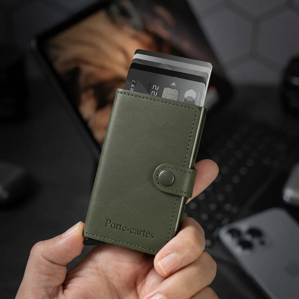 Porte Cartes Cuir Vert Homme — vue de dos et profil fin