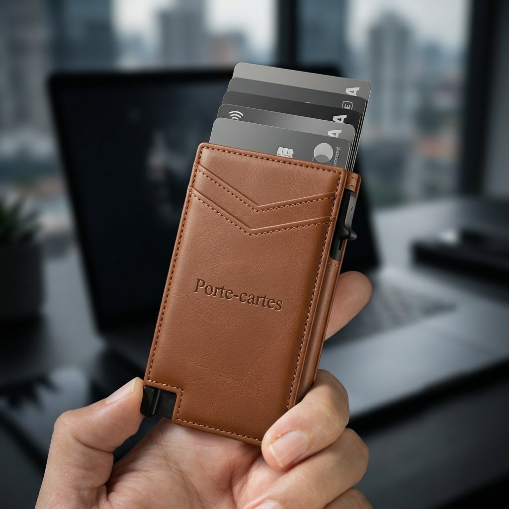Porte Cartes Automatique Cuir Homme — cartes en éventail, levier latéral