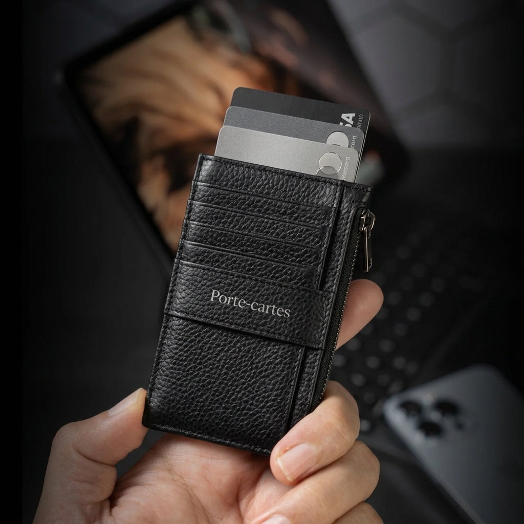 Porte Cartes Cuir Homme Zippé — vue de dos et profil fin