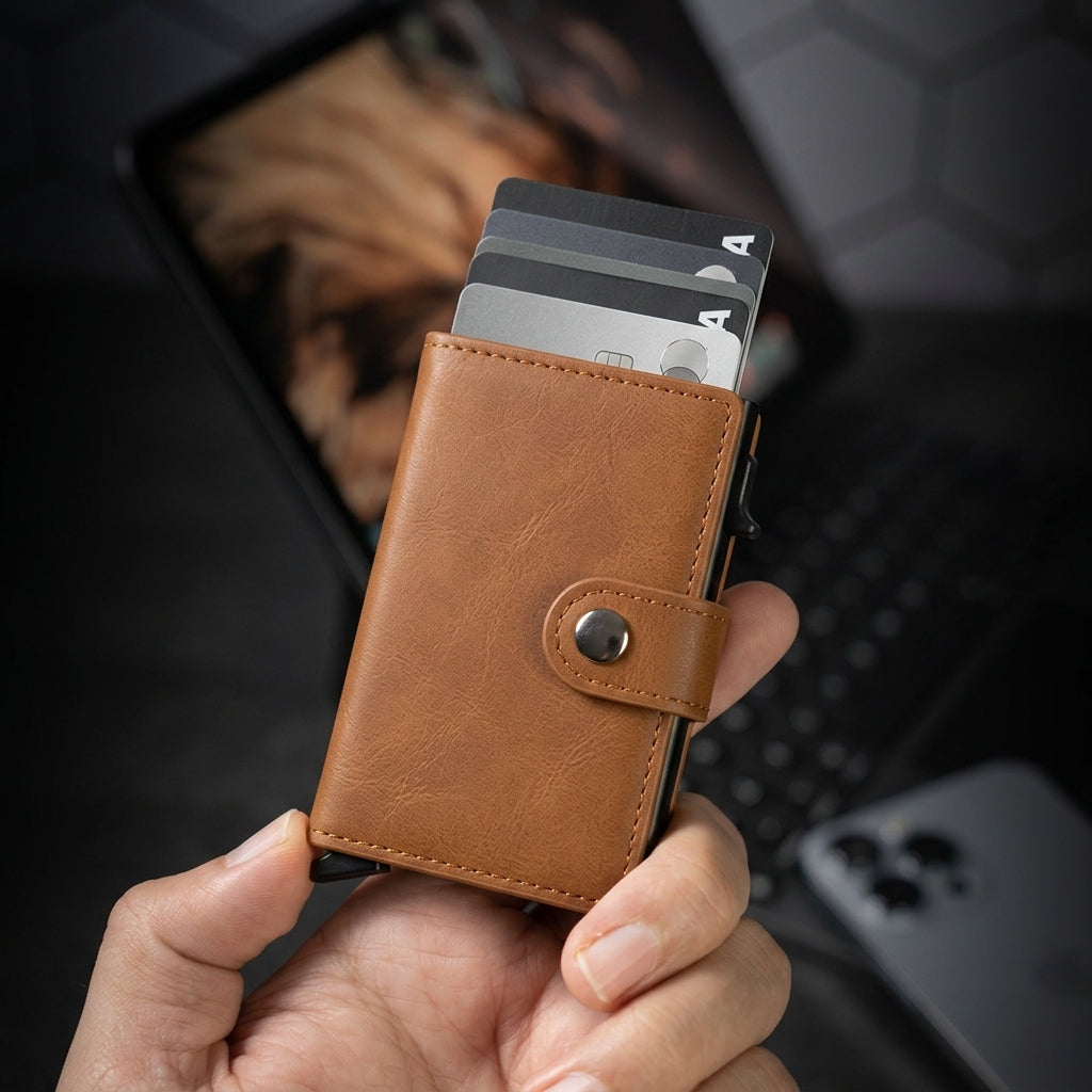 Porte Cartes Cuir Camel Homme — vue de dos et profil fin