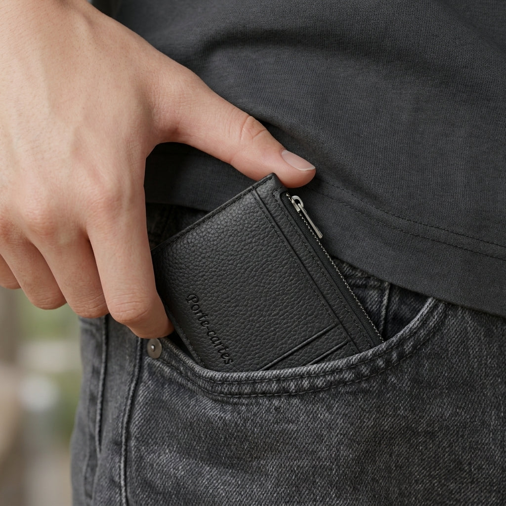 Porte Cartes Cuir Homme Zippé — ouverture complète, capacité 4 à 6 cartes + compartiment monnaie zippé