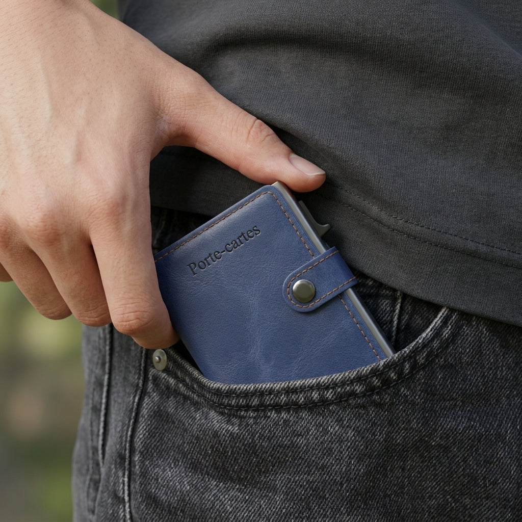 Porte Cartes Cuir Bleu Homme — détail de la gravure et des finitions
