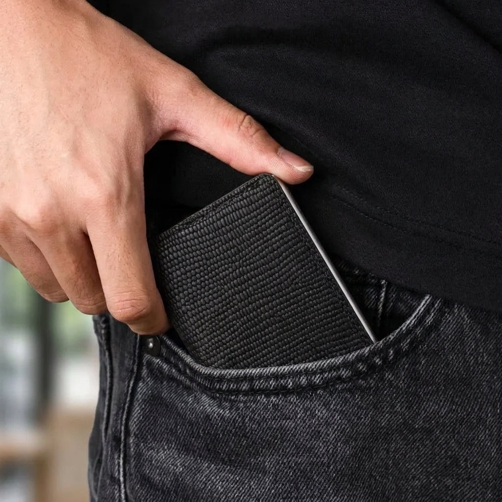 Porte Cartes Cuir Noir Homme Luxe — ouverture complète, capacité 4 à 6 cartes