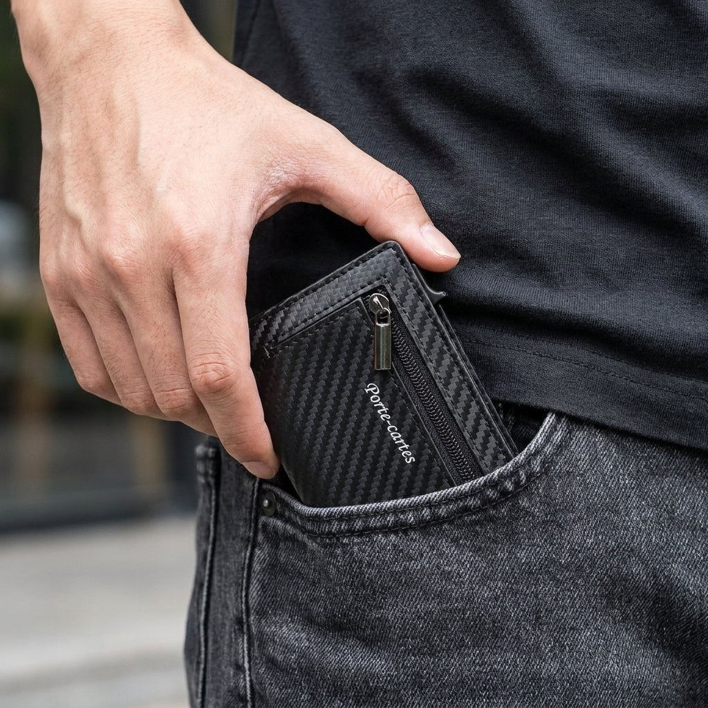 Porte Cartes Airtag Homme — ouverture complète, capacité 5 à 7 cartes + monnaie zippée + emplacement AirTag