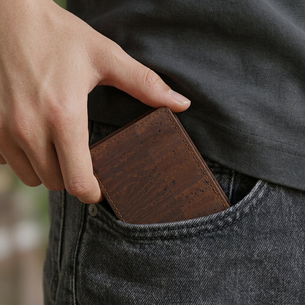 Porte Cartes Vegan Homme — gros plan sur la matière liège véritable (cork leather)