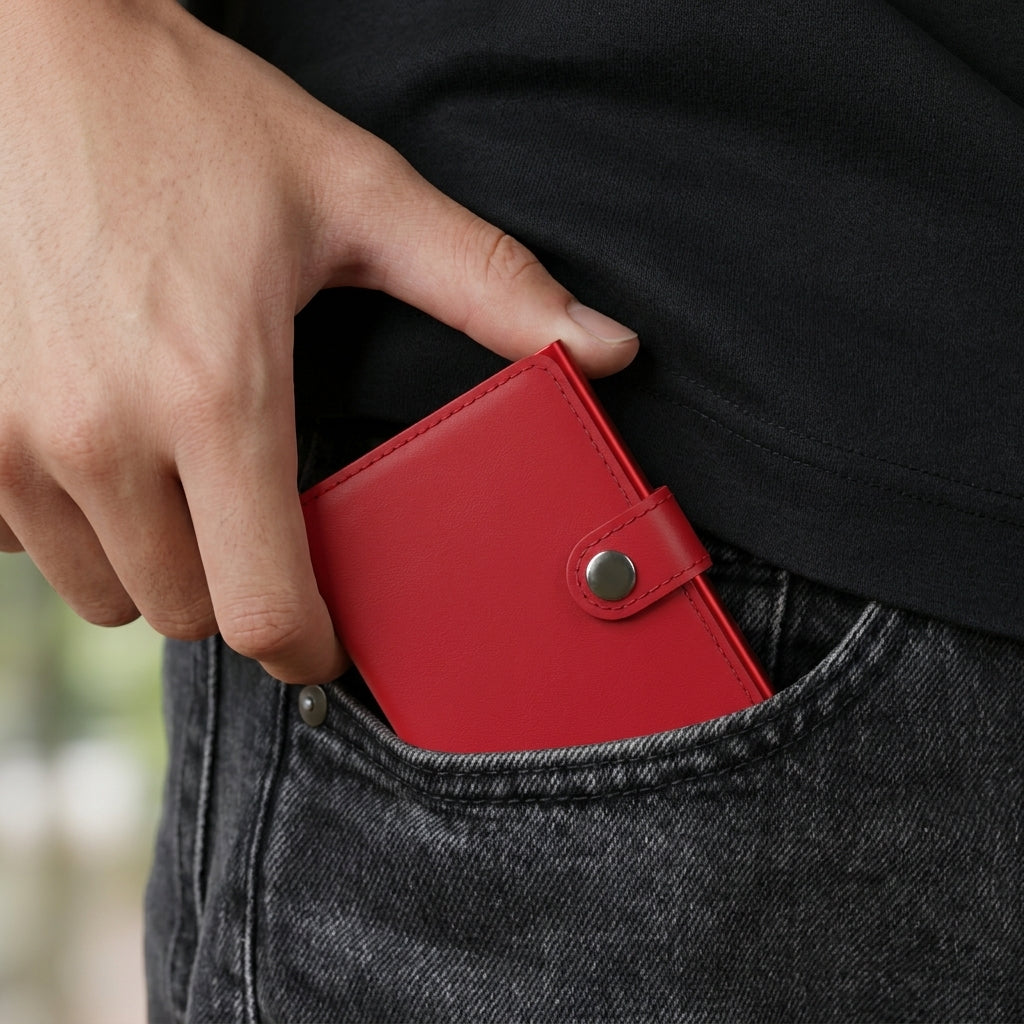 Porte Cartes Cuir Rouge Homme — ouverture complète, capacité 4 à 6 cartes