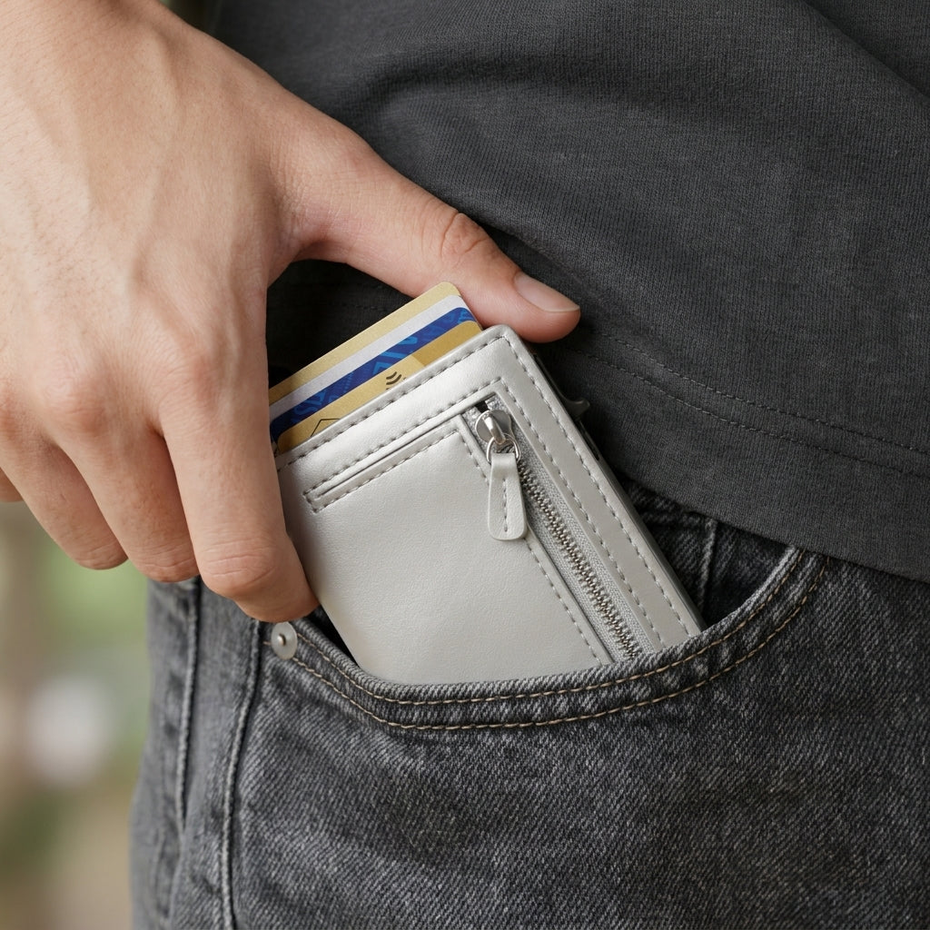 Porte Cartes Métal Pince Billets Homme — cartes en éventail, levier latéral