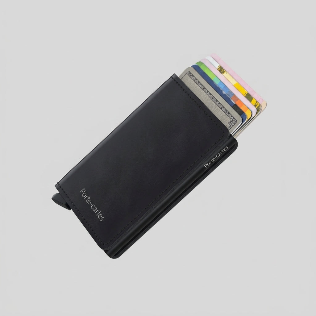 Porte Cartes Cuir Homme Noir — cartes en éventail, levier latéral